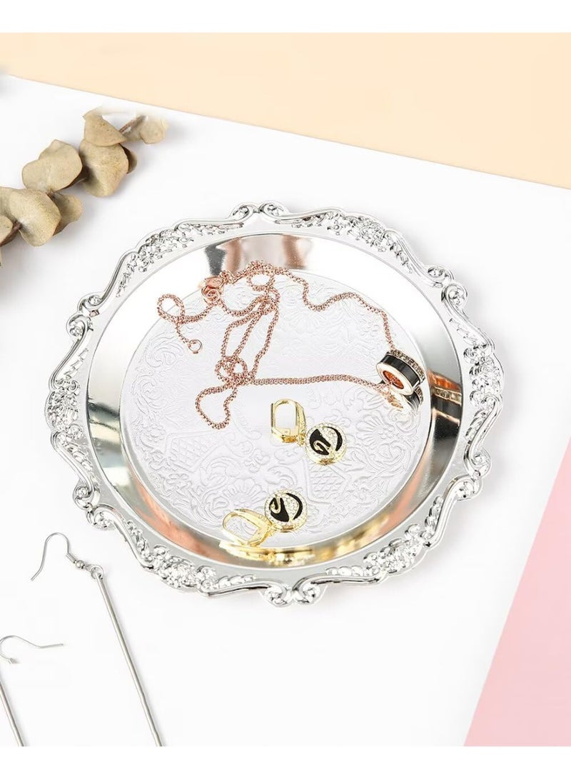 Round Decorative Tray 7.9in Metal Dessert Plates Vintage Coffee Table Tray for Snacks Fruit Silver - Image 2
